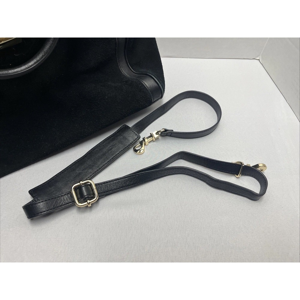 Tory Burch Gloria Satchel Black Bag Suede Leather Purse 2-Way w Detach Strap - Picture 6 of 7